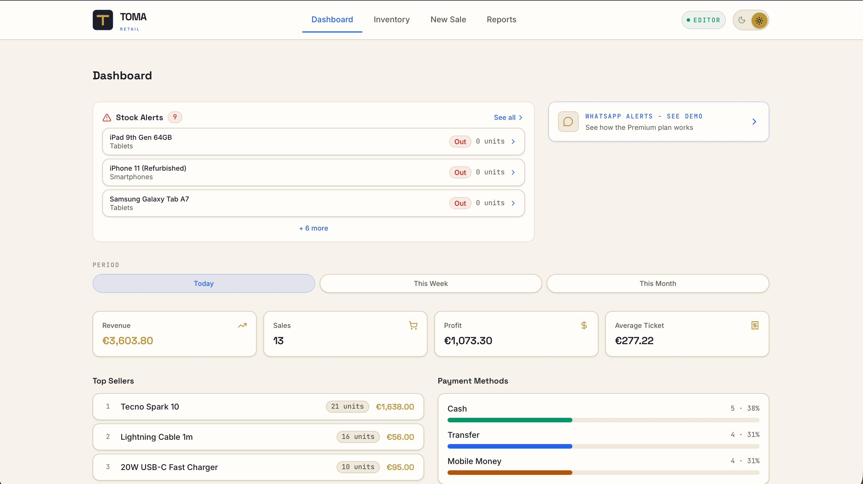 TOMARetail dashboard view